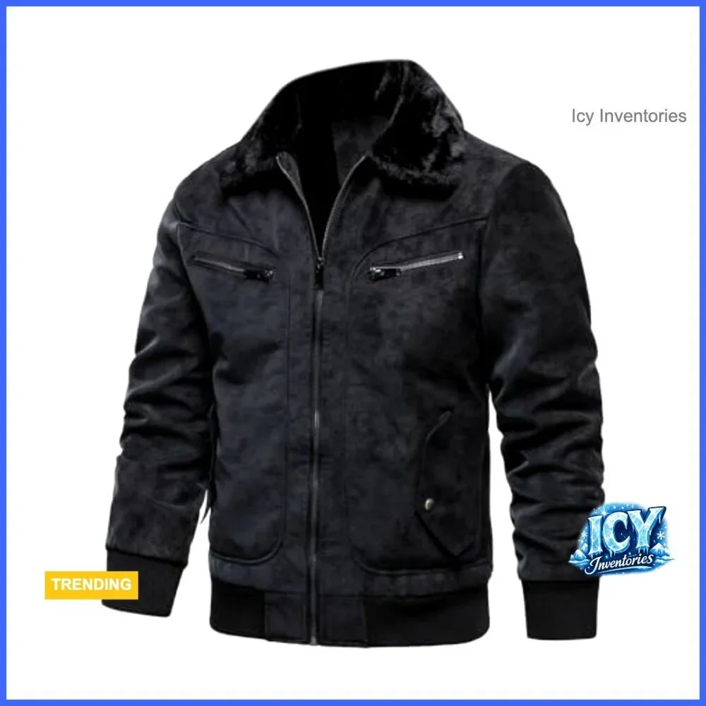 Faux PU Leather Bomber Jacket with Faux Fur Lining Fleece Lined